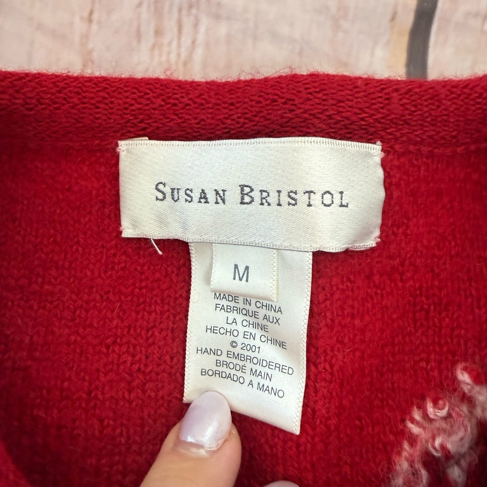 VTG Susan Bristol Wool Sweater Cardigan Medium Red Floral Beaded Cottage Granny - Picture 6 of 9